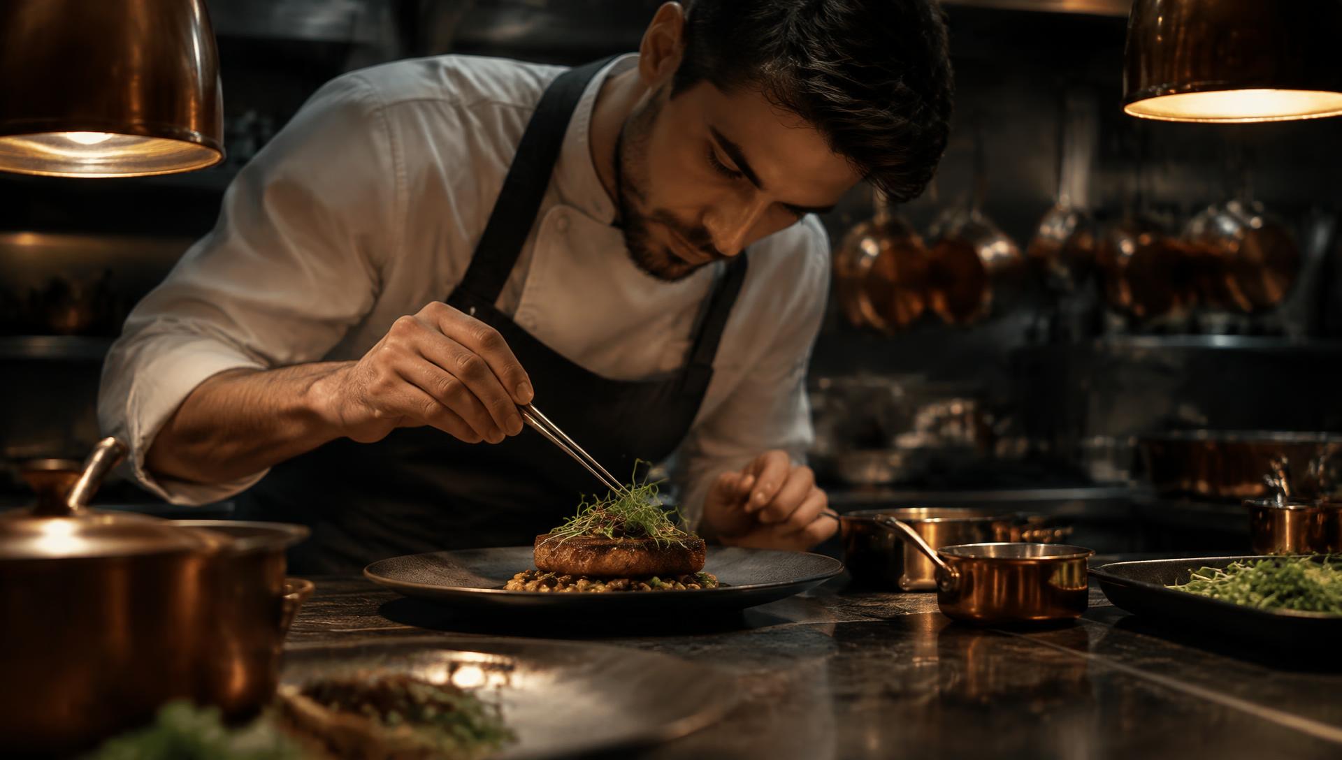 Chef plating a dish in a professional kitchen